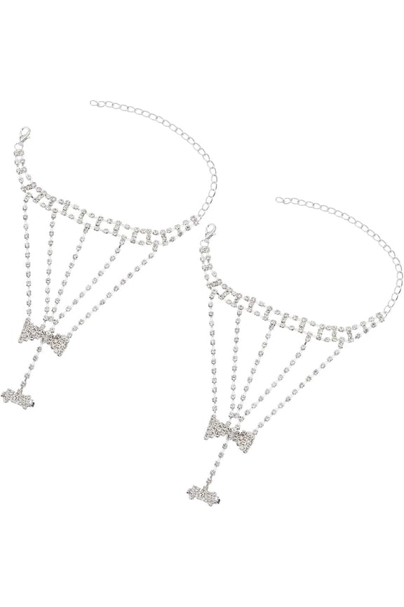 2Pcs Sparkly Fingerless Rhinestone Gloves Chain-Bows Adjustable Hand Chain Jewelry Bride Wedding Glove Silver Bracelet Ring