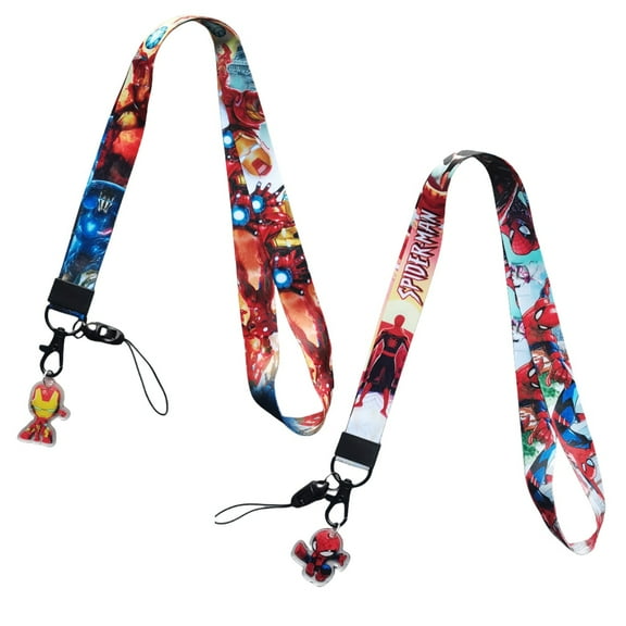 2Pcs Spider Man and Iron Man Cartoon Badge Keychain Lanyard ,ID Badge Holder, Cell Phone and Charms Neck Strap.
