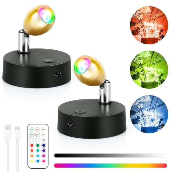2Pcs SpotLight Indoor with Remote, 13 RGBW Uplights Indoor with Rechargeable Battery Operated, LED Accent Light with Timer Dimmable, Mini Spotlight Stick on Picture Light for Paintings Display