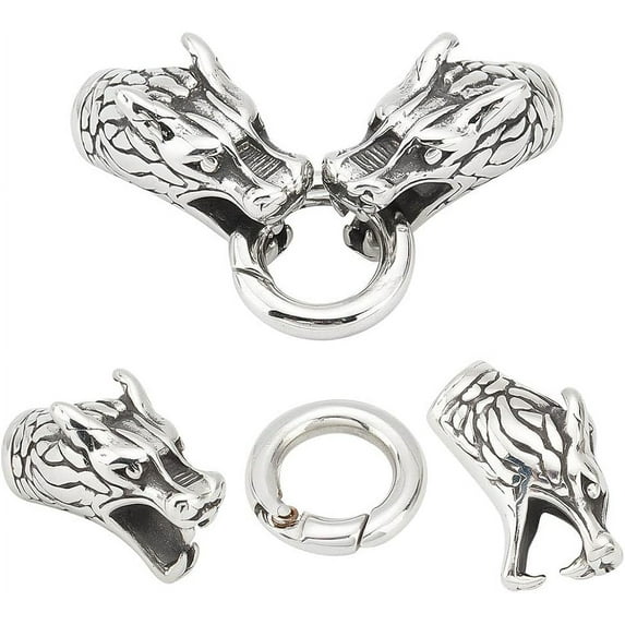 2Pcs Spring Gate Rings 304 Stainless Steel Tibetan Style Dragon Spring Clasps Antique Silver 9mm Inner Diameter Carabiner Keyring Dragon Leather Cord End for Keychain Jewelry Making