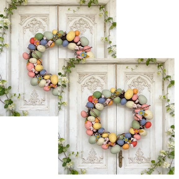 2Pcs Spring Latest Artificial Easter Egg Wreath 13.78in - Egg Vine Wreath, Home Hotel Party Door Hanger for Festive Decorations
