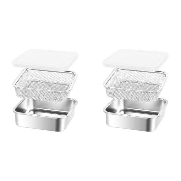 2Pcs Square Colander Set 304 Stainless Steel with PE Lid, 2-in-1 Washing & Draining Storage Container for Vegetables, Kitchen Prep, Refrigerator Storage, Picnic Party Use 7.5x7.5x2 Inch Silver