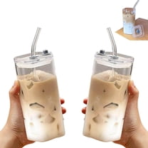 2Pcs Square Glass Cup with Lids and Straws, Portable Drinking Clear Tumblers 400ml/14oz, Heat Resistant Transparent Milk Tea Juice Cups Coffee Mug For Home Bar Drinkware