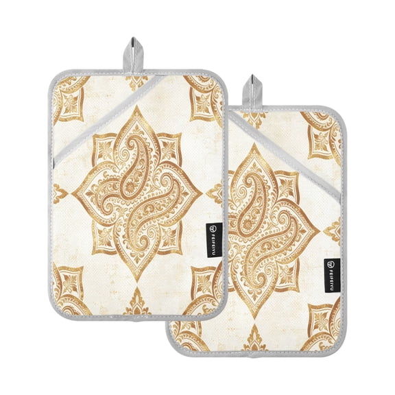 2Pcs Square Heat Resistant Oven Mitts Pot Holders 7x9.8in Non-Slip Hot Pads for Kitchen, Countertop Protection Gold Paisley Pattern