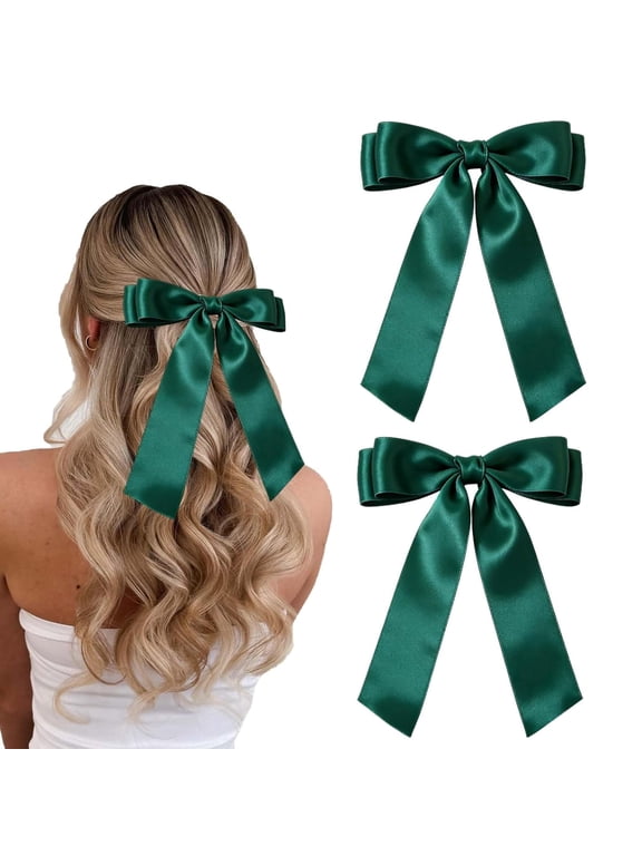 2Pcs St. Patrick's Day Green Bow Hair Clips with Long Tail Ribbon Satin Hair Accessories for Women Irish Festival Party Decoration