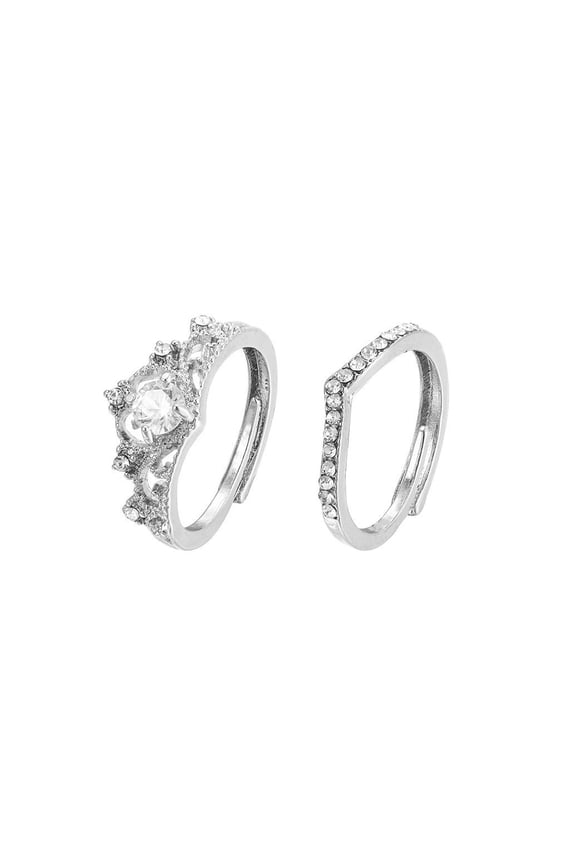 2Pcs Stackable Open Rings Set, White Crystal Paved Adjustable Stacking Band Rings for Women Wedding Promise Jewelry