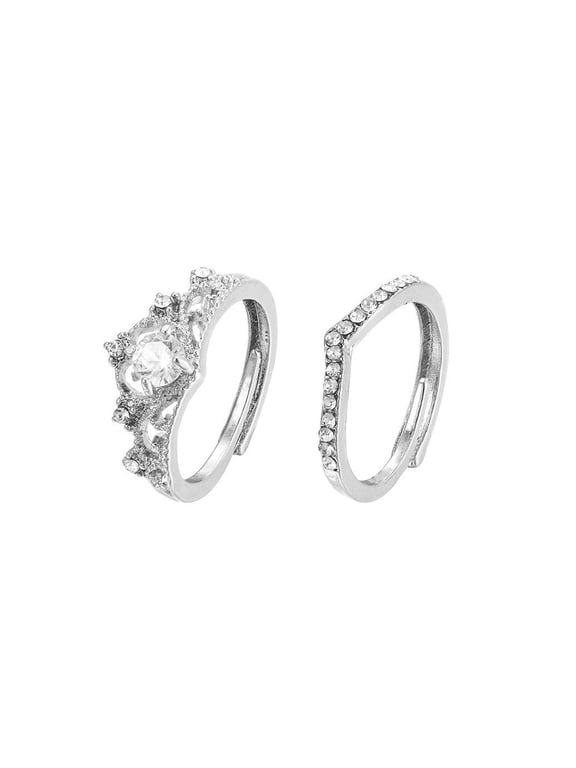 2Pcs Stackable Open Rings Set, White Crystal Paved Adjustable Stacking Band Rings for Women Wedding Promise Jewelry