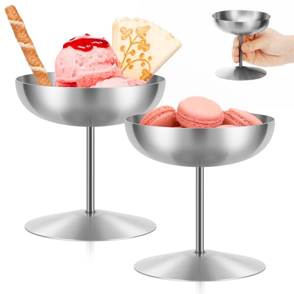 2Pcs Stainless Dessert Bowls,5Oz Stainless Steel Ice Cream Containers,Sundae Bowls, Yogurt Parfait Cups, Mini Tall Footed Cups For Pudding Fruit Trifle Ice Cream(Silver)