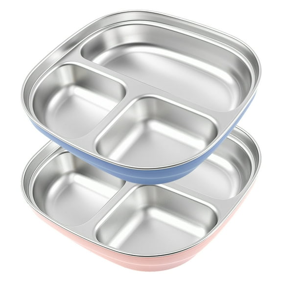 2Pcs Stainless Steel Baby Suction Plate Easy to Clean Heat Resistant Baby Divided Plate With Silicone Suction Cup for Kids and Toddlers