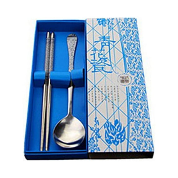 2Pcs Stainless Steel Blue and White Porcelain Chopsticks Spoon Tableware Set Travel Camping Flatware Set Fork Spoon Chopsticks with Portable Case
