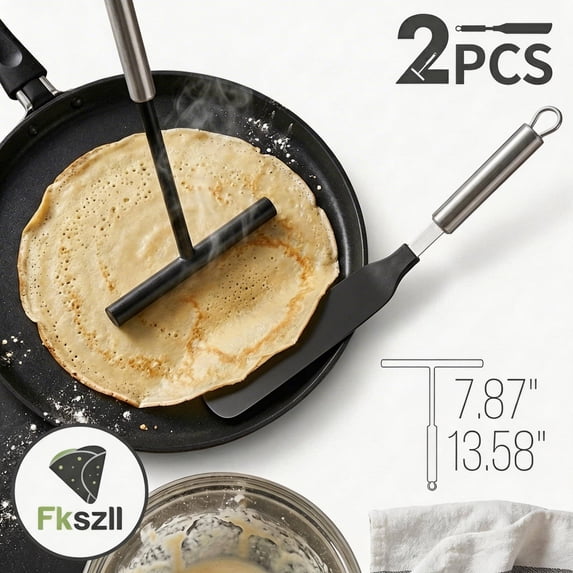 Fkszll 2026 New 2Pcs Stainless Steel Crepe Spreader Spatula Set Pancake Maker Kitchen Utensil for Crepe Pan