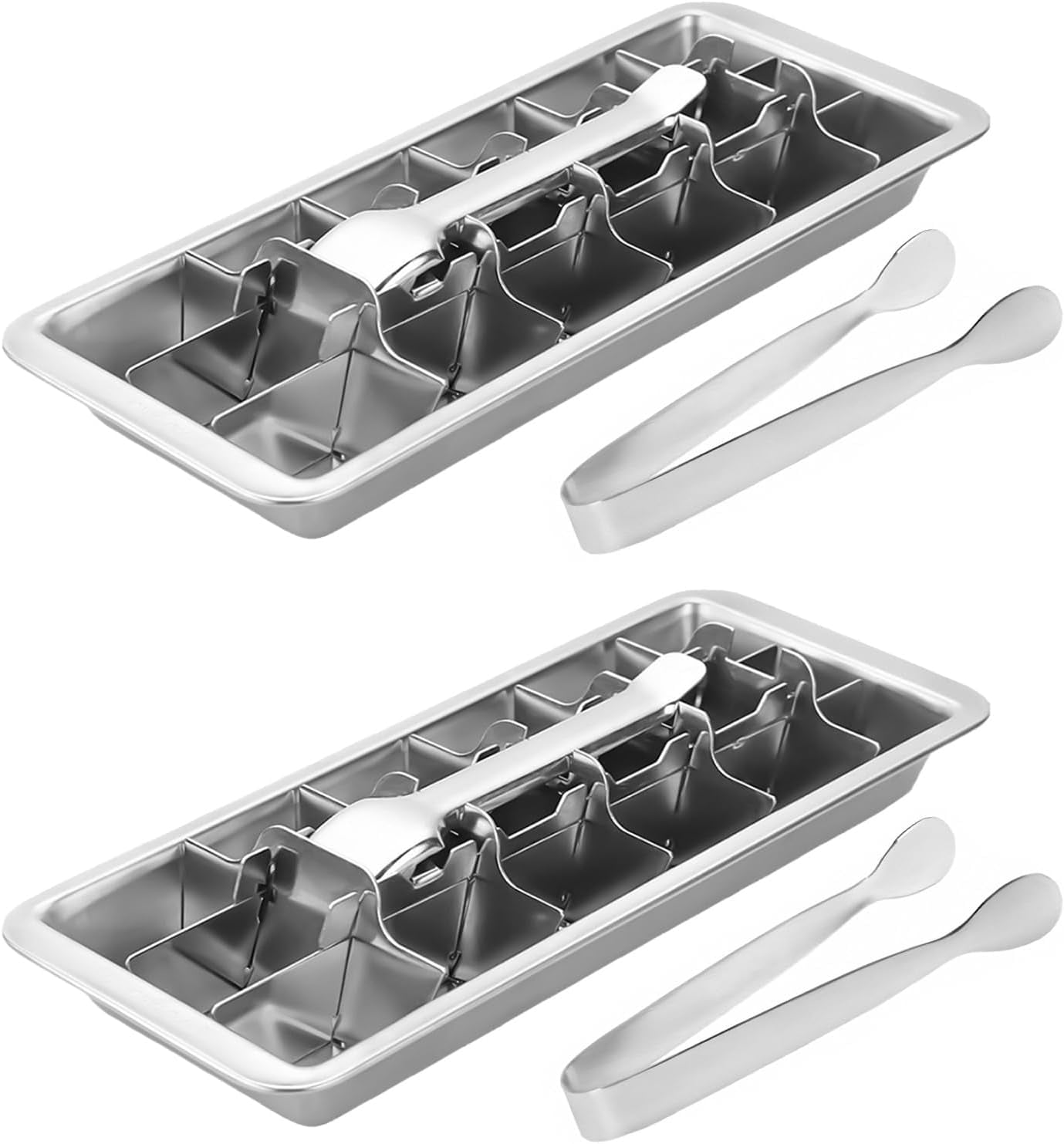 2Pcs Stainless Steel Ice Cube Trays for Freezer, Metal Ice Cube Trays with Lever, Reusable 18/8 Slot Ice Cube Mold for Bar & Kitchen (With Clips, 2PCS)