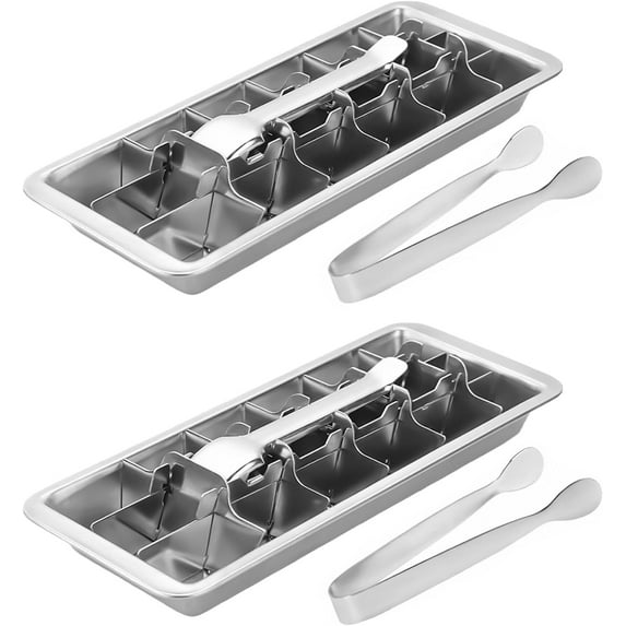 2Pcs Stainless Steel Ice Cube Trays for Freezer, Metal Ice Cube Trays with Lever, Reusable 18/8 Slot Ice Cube Mold for Bar & Kitchen (With Clips, 2PCS)
