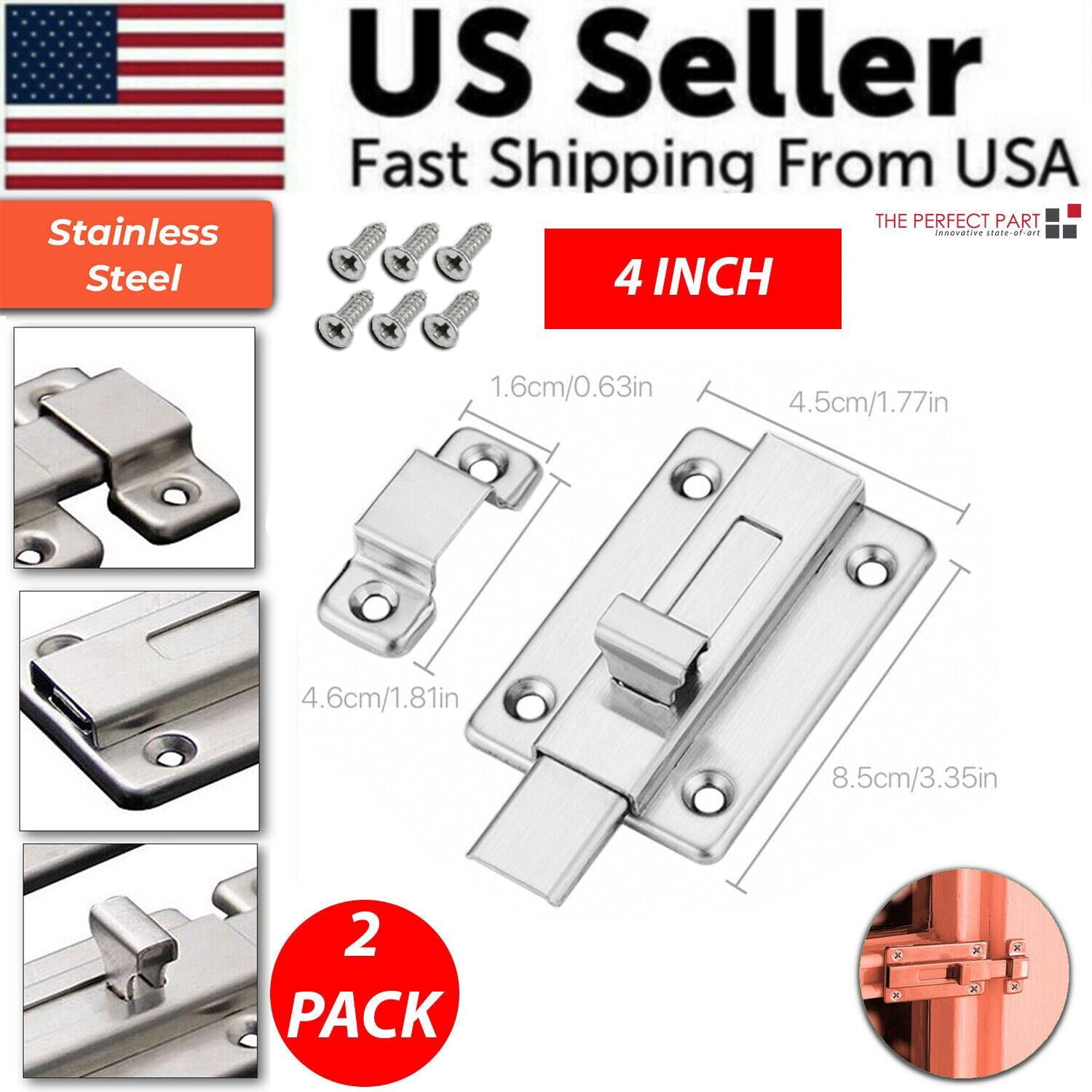 2Pcs Stainless Steel Latch Sliding Silver Doors Lock Keyless Door Bolt ...
