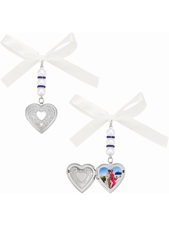 2Pcs Stainless Steel Locket Heart Wedding Bouquet Pendants Decorations with Satin Bowknot and Acrylic Beads Stainless Steel Color 70mm for Handmade