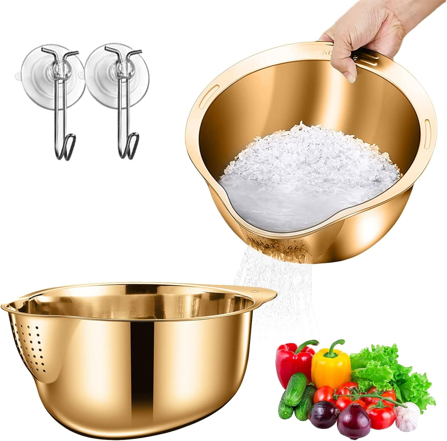 2Pcs Stainless Steel Rice Washing Bowl, Versatile 4-In-1 Colander for ...