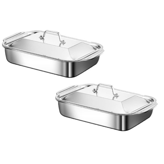 2Pcs Stainless Steel Roasting Pan with Lid 16Inch Rectangular Lasagna Pan Deep Dish Baking Tray for Fish Meat Vegetables Cookie Cake Serving Platter Dishwasher Safe Happy 2026!