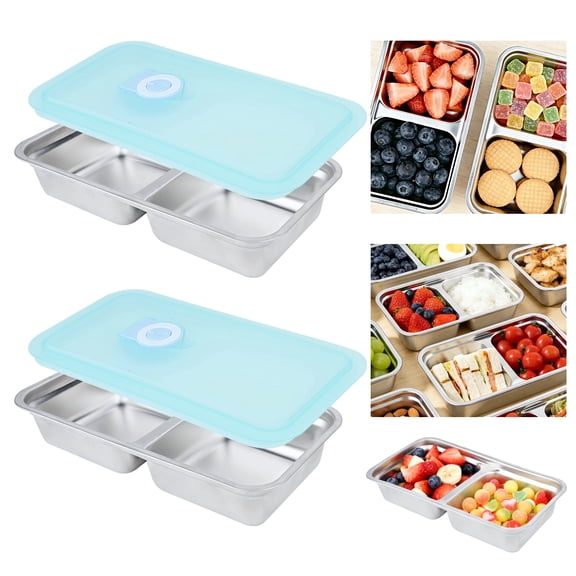 2Pcs Stainless Steel Snack Containers, Grab and Go Snack Containers Reusable, Double Compartment Condiment with Lid Stainless Steel Food Storage for Classroom Travel and Outdoor Camping