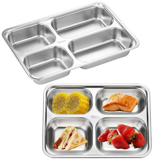 2Pcs Stainless Steel Snack Containers with Lids, 4 Compartments Bento Snack Boxes Reusable Metal Food Fruit Storage Prep Containers for Home Travel, Silver