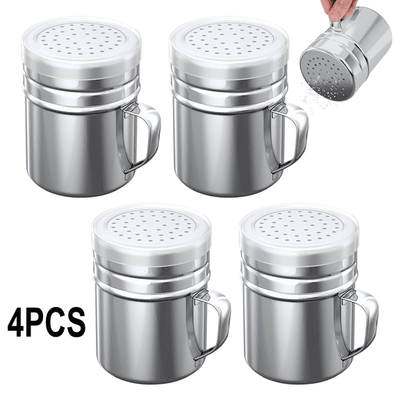2Pcs Stainless Steel Spice Shakers 10oz Large Hole Seasoning Dispenser with Handle Twist Lid for Chili Flakes, Salt, Pepper