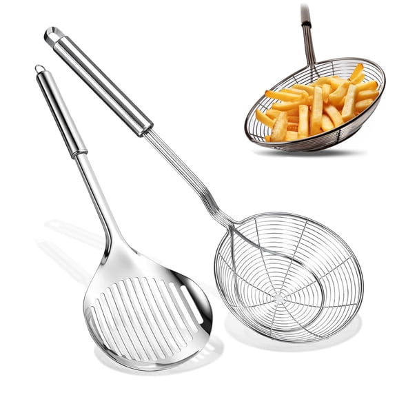 2Pcs Stainless Steel Spider Strainer Kitchen Strainer Ladle with Long Handle, Kitchen Gadgets for Cooking and Frying, Ladle Spider Strainers Skimmer for Pasta, Noodle, Spaghetti