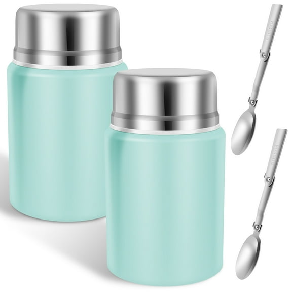 2Pcs Stainless Steel Vacuum Food Jars for Cold and Hot Food Double Layers Insulated Food Containers Large Opening Thermal Food Flasks With Foldable Spoons for Camping Picnic Office