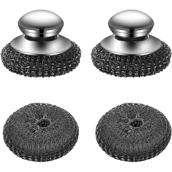 2Pcs Stainless Steel Wool Scrubber with Handle, 2 Replacement Steel Scrubber Wool Pads for Cleaning Dishes