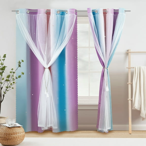 2Pcs Star Blackout Curtains Ombre Double Layer Star Cutouts Blackout Curtains with Sheer Dreamy Star Window Curtain Panels Colorful Stripe Blackout Curtains for Girls Kids Bedroom