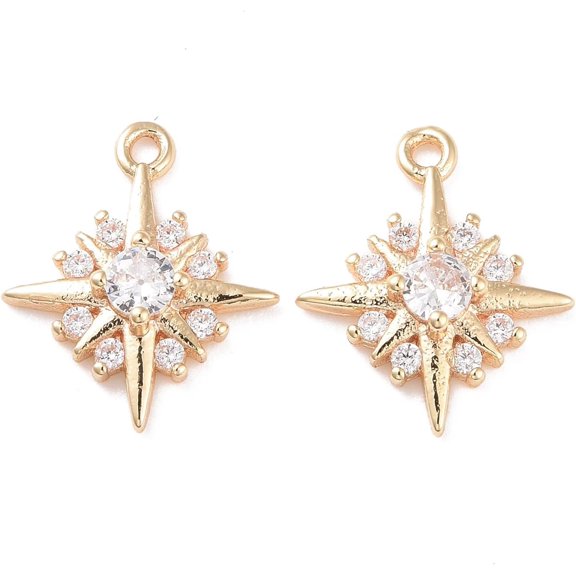 2Pcs Star Pendants Brass Micro Pave Clear Cubic Zirconia Charms Real 14K Gold Plated for Women DIY Necklace Bracelet Earring Jewelry Craft Making 14x12x3mm Hole: 1.2mm