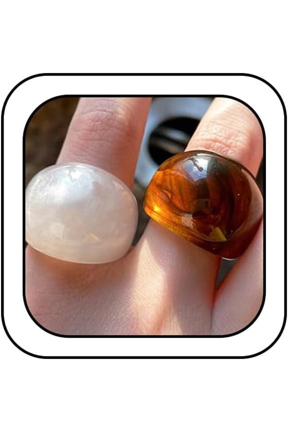 2Pcs Statement Chunky Brown Acrylic Resin Ring Stackable for Women, Charm Vintage Thick White Plastic Crystal Rings Y2k Party Jewelry Gifts(Size 7)