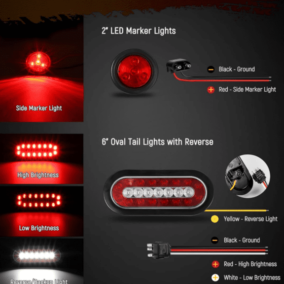 2Pcs Steel Trailer Light Boxes Housing Kit w/ 6" Oval Led Trailer Tail Lights with Reverse & 2" Red 4Led Round Side Marker Clearance Lights w/Grommets and wire connectors