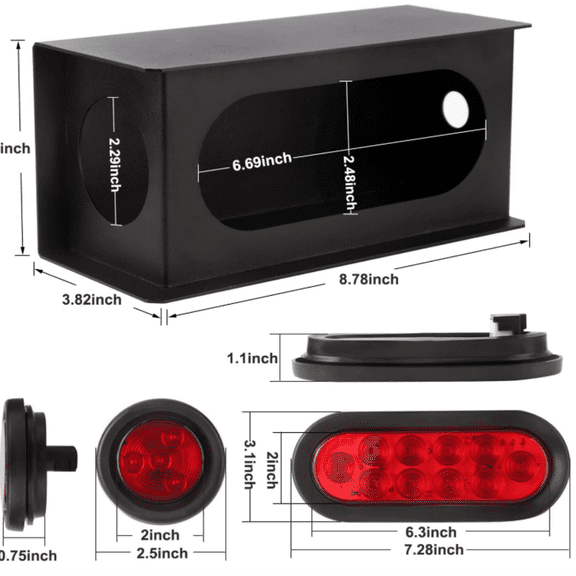 2Pcs Steel Trailer Lights Boxes Housing Kit w/6 Inch Oval Red LED Trailer Tail Lights 10LED and 2" Round Red LED Side Marker Lights 4LED, Grommets and Wire Pigtails Connectors Included