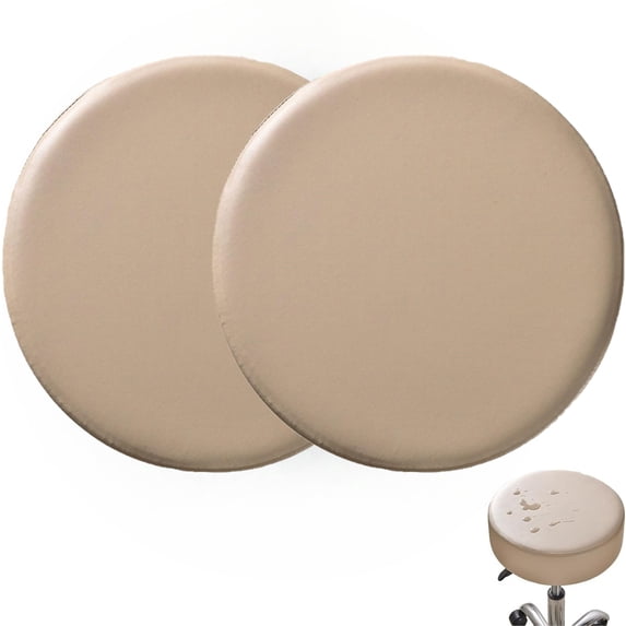 2Pcs Stool Covers, 12-14in Waterproof PU Round Bar Stool Covers with Elastic Bands Round Stool Cushion Covers Slipcovers Kitchen Swivel Bar Stool Chair Seat Covers, Khaki