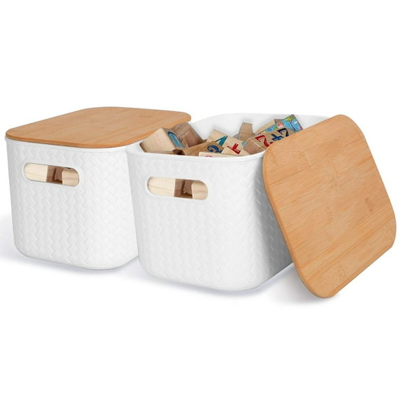 2Pcs Storage Bins With Bamboo Lids