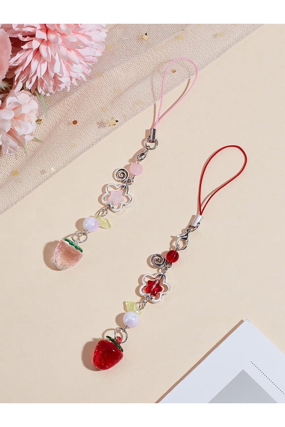 2Pcs Strawberry Beads Mobile Straps Plastic Mobile Phone Ornaments Handsets Chain String Non-Lost Beaded Handsets Lanyard for Women Camera Keychain Decoration DIY Craft Making 140mm Long diy