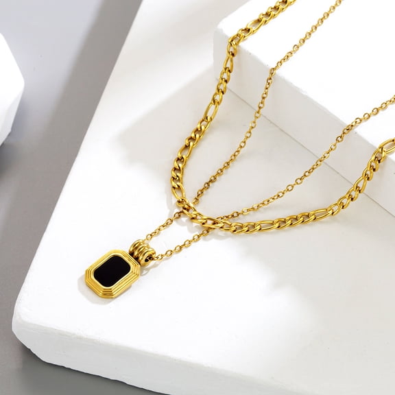 2Pcs Stylish Black Square Necklace for Men, 14K White Gold Rope Cuban Box Figaro Wheat Chain Double Layered Collar Gifts