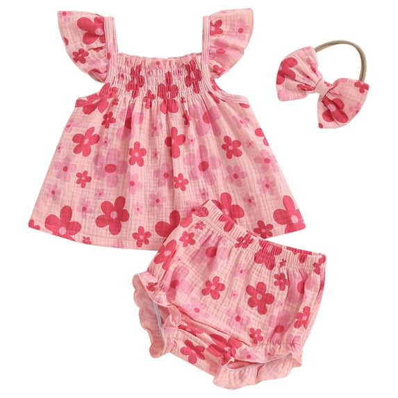 2Pcs Summer Outfits Set for Toddler Girls For 12-18 Months Baby Girl Summer Clothes Cute Floral Smocked Sleeveless Tank Top Shorts With Bow Headband Casual Outfit Set Hot Pink Gift 2PCS Set