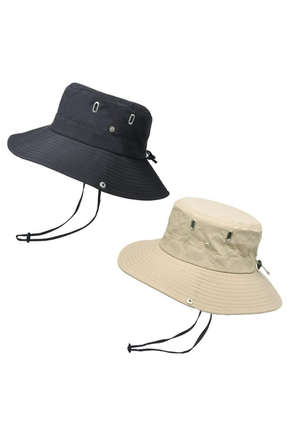 2Pcs Sun Hats for Women Men ,Bucket Hat Wide Brim Boonie ,Hat Foldable UV Protection for Fishing Hiking Camping(Black+Khaki)