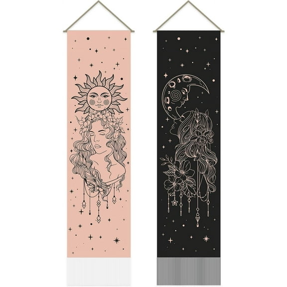 2Pcs Sun and Moon Goddess Tapestry Black Pink Long Vertical Tapestry Wall Hanging Starry Sky Flower Decoration Mystic Aesthetic for Bedroom(51x13 Inch) (AJEW-WH0399-004-US20) 1set