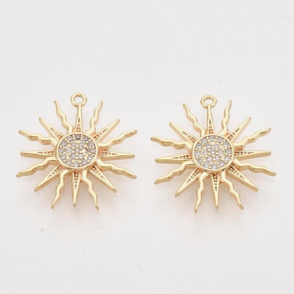2Pcs Sun Pendants Brass Micro Pave Clear Cubic Zirconia Solar Eclipse Pendants Real 18K Gold Plated for Women DIY Necklace Bracelet Earring Jewelry Craft Making 17.5x16x2.5mm Hole: 1mm