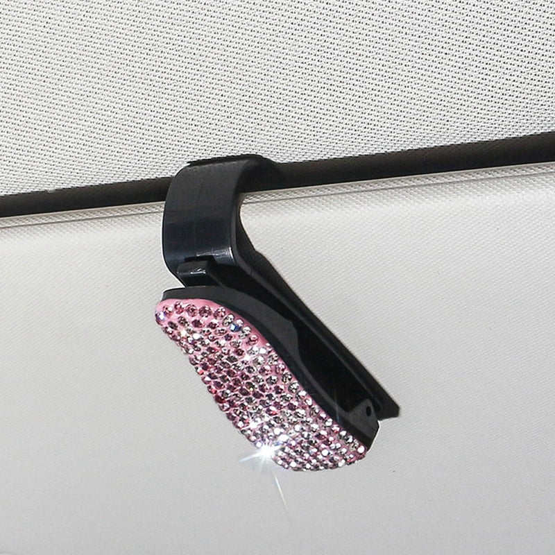 2Pcs Sun Visor Mount Sunglasses Clip Holder Rhinestone Bracket Portable