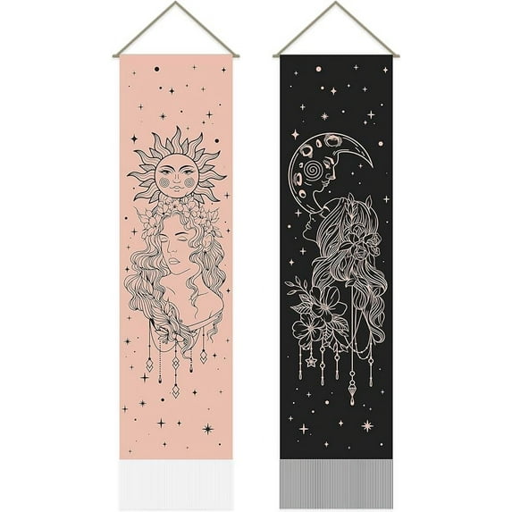 2Pcs Sun and Moon Goddess Tapestry Black and Pink Long Vertical Tapestry Wall Hanging Starry Sky Flower