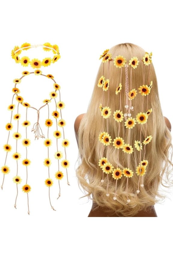 2Pcs Sunflower Headbands Flower Boho with Tassel White Hair Wreath Headbands Adjustable Headpiece Hair Accessories for Women Girls Bridal Prom Wedding Party