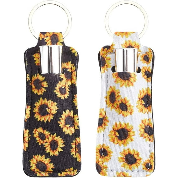 2Pcs Sunflower Lip Balm Holder Keychain Chapstick Pouch Floral Flower Colorful Rectangle Neoprene Rubber Lip Gloss Clip Lipstick Case Sleeve Holders for Women Travel Makeup Storage Bag diy