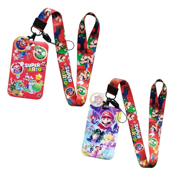 2Pcs Anime Mario Badge Keychain Lanyard ,ID Badge Holder, Cell Phone, and Charms Neck Strap Including Card Sleeve