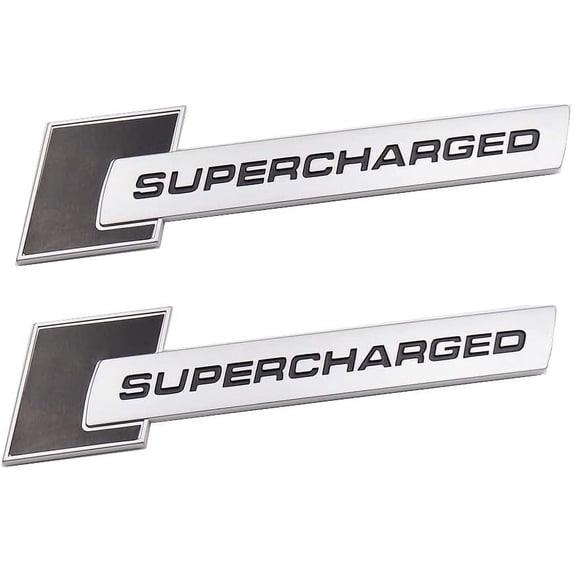 2Pcs Supercharged Emblem 3D Car Logo Retrofit High Performance Trunk Badge Sticker Side Fender Decal (Silver Black)