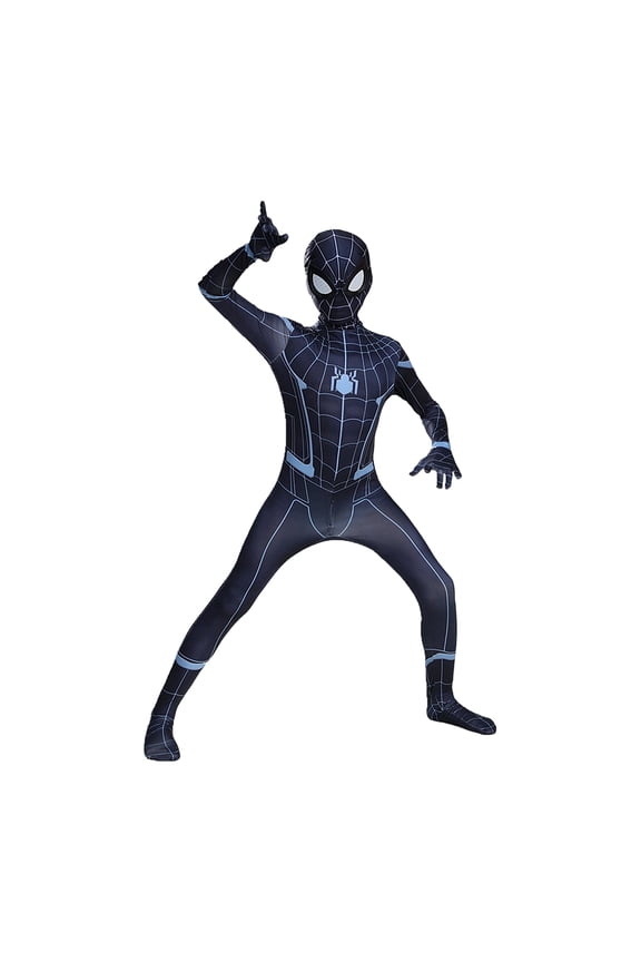 2Pcs Superhero Stretch Spider Suit, Superhero Cosplay Outfit, Halloween Superhero Role Play, Superhero Full Jumpsuit, Adult Black Blue Web Pattern Full Body Superhero Jumpsuit-Jumpsuit+Mask, 140