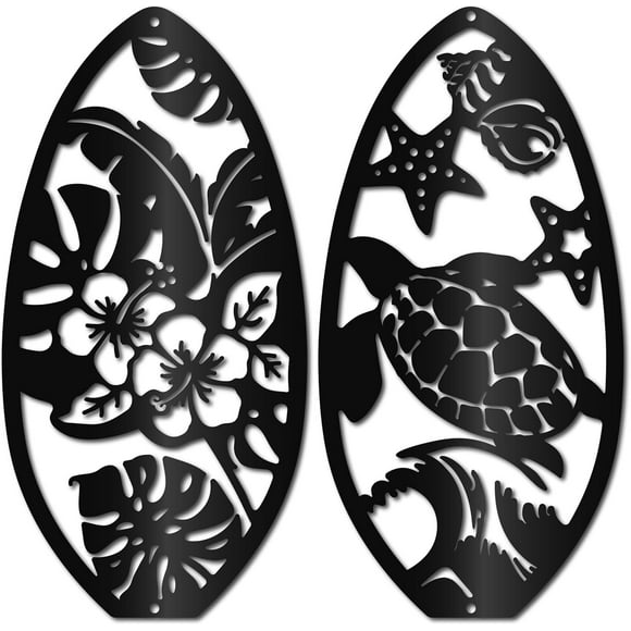 2Pcs Surfboard Metal Wall Art Iron Hibiscus Turtle Wall Decor Hanging Summer Tropical Black Silhouette Ornament Iron Sign 11.8x5.9Inch