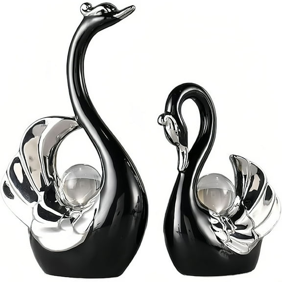 Black Swan Sculptures Home Decor Figurines - Modern Style - 2 Piece, Black