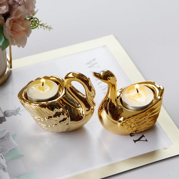 2Pcs Swan Tea Light Candle Holder, Ceramic Gold Candle Holder for Home Decor